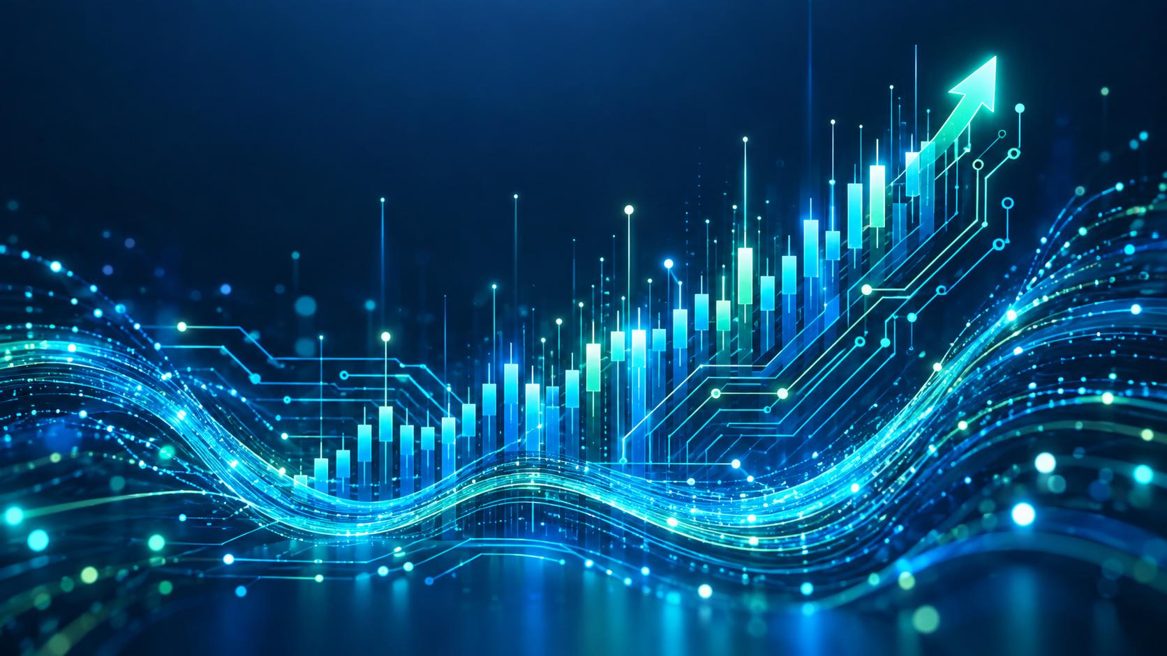 Abstract circuit patterns forming a rising stock chart