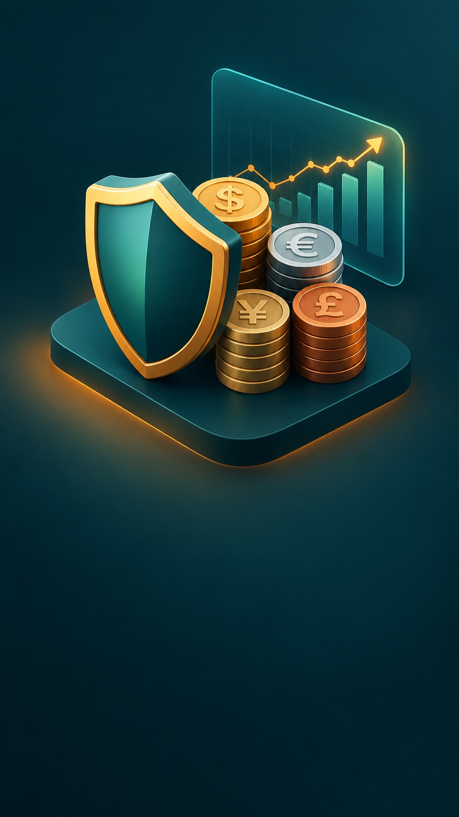 Shield protecting a stack of mixed currency coins with a chart behind